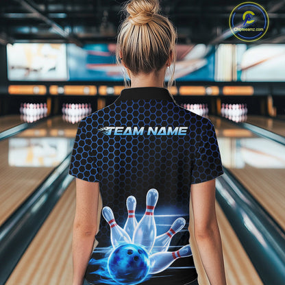Custom Black And Blue Hexagon Flame Bowling Women Quarter-Zip Shirts, Bowling Team Shirt IPHW9389