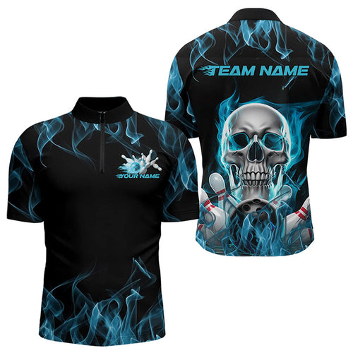 Custom Blue Flame Skull Bowling Quarter-Zip Shirts For Men, Skull Bowling Tournament Shirt IPHW8221