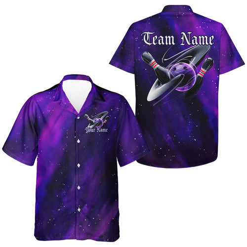 Custom Purple Galaxy Bowling Hawaiian Shirts For Men, Team Bowling League Shirts With Name IPHW8234