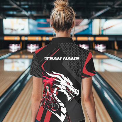 Custom Black And Red Dragon Bowling Jerseys, Bowling Team Women Polo Shirts Bowlers Outfit IPHW8701
