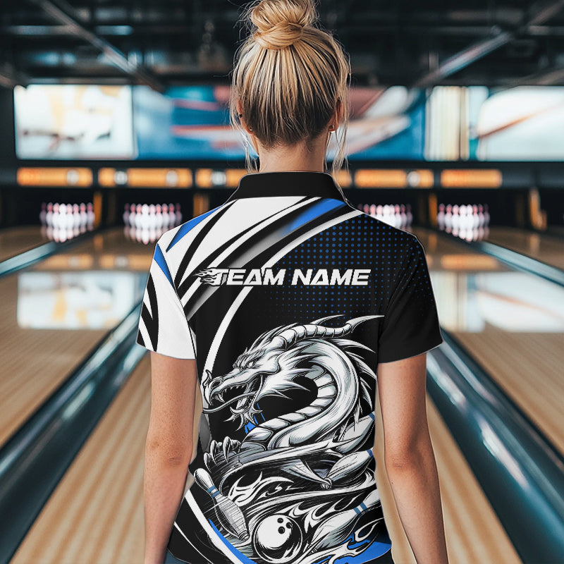 Custom Black And Blue Dragon Bowling Team Women Quarter-Zip Shirts, Dragon Bowling Jerseys IPHW8706