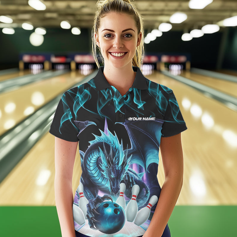 Custom Blue Flame Dragon Bowling Polo Shirts For Women, Dragon Bowling Team Jerseys IPHW8959