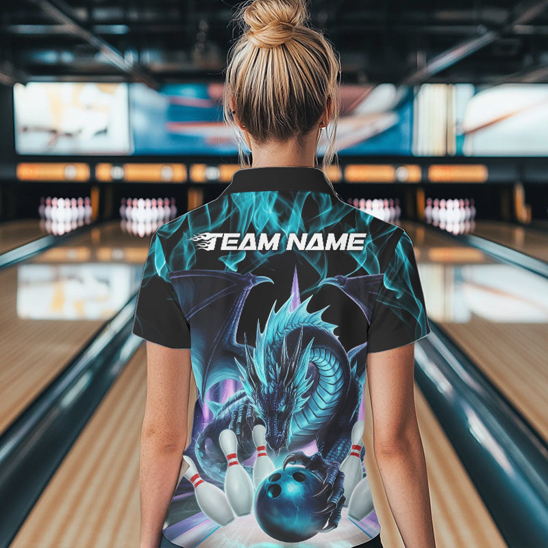 Custom Blue Flame Dragon Bowling Polo Shirts For Women, Dragon Bowling Team Jerseys IPHW8959
