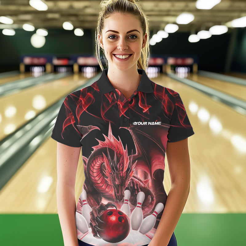 Custom Red Flame Dragon Bowling Polo Shirts For Women, Dragon Bowling Team Jerseys IPHW8960