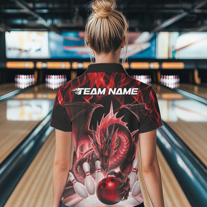 Custom Red Flame Dragon Bowling Polo Shirts For Women, Dragon Bowling Team Jerseys IPHW8960