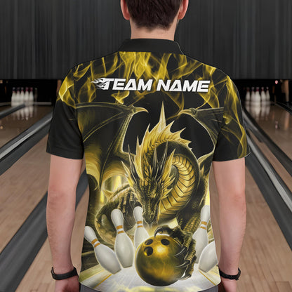 Custom Yellow Flame Dragon Bowling Polo Shirts For Men, Dragon Bowling Team Jerseys IPHW8962