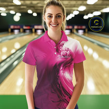 Load image into Gallery viewer, Front view of a female model in a pink bowling polo featuring butterfly artwork and colorful bowling graphics