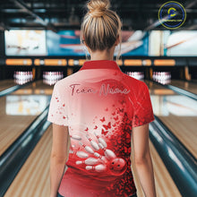 Load image into Gallery viewer, Back view of a female model in a white andred bowling polo featuring butterfly graphics and bowling artwork