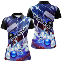 Load image into Gallery viewer, Flame Bowling Ball Blue Lightning American Flag Custom Name Bowling Team Shirts For Women IPHW6678