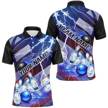 Load image into Gallery viewer, Flame Bowling Ball Blue Lightning American Flag Custom Name Bowling Team Shirts For Men And Women IPHW6678