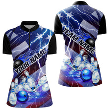 Load image into Gallery viewer, Flame Bowling Ball Blue Lightning American Flag Custom Name Bowling Team Shirts For Women IPHW6678