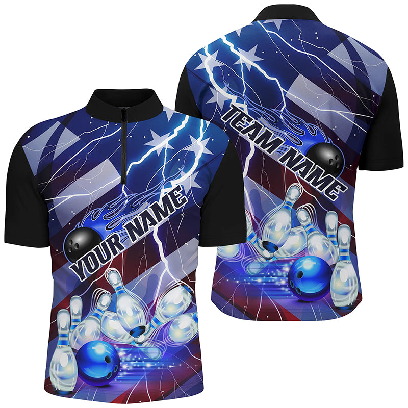 Flame Bowling Ball Blue Lightning American Flag Custom Name Bowling Team Shirts For Men And Women IPHW6678