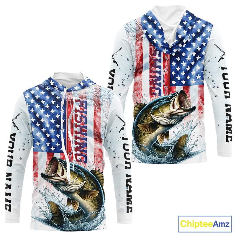 Custom Patriotic Largemouth Bass US Flag Long Sleeve Hooded Fishing Shirt, Bass Fishing Jersey IPHW9198