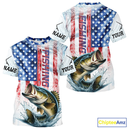Custom Patriotic Largemouth Bass US Flag Fishing T-Shirt, Bass Fishing Jersey IPHW9198