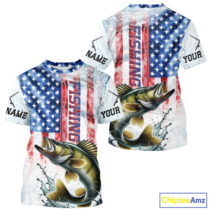 Custom Patriotic Walleye US Flag Fishing T-Shirt, Walleye Fishing Jersey IPHW9199