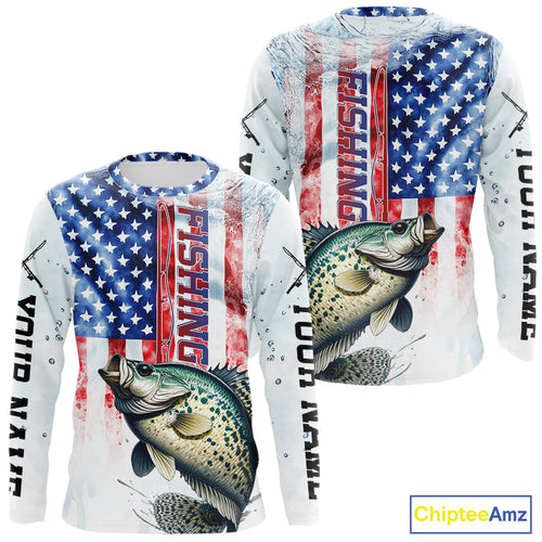 Custom Patriotic Crappie US Flag Long Sleeve Fishing Shirt, Crappie Fishing Jersey IPHW9200