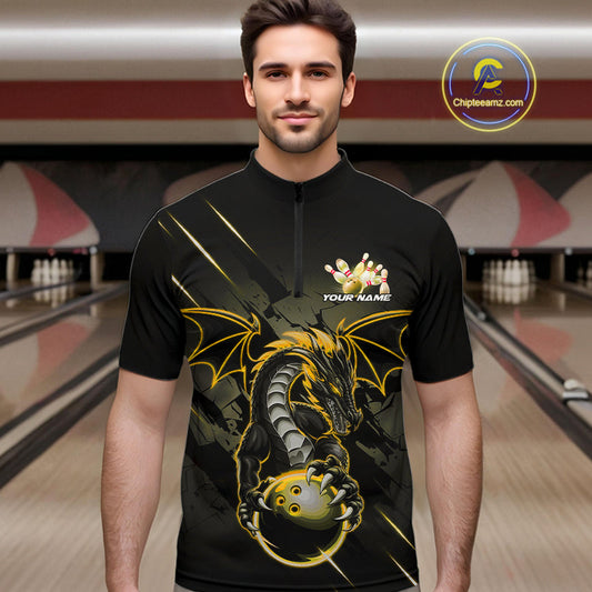 Custom Glowing Yellow Dragon Bowling Team Quarter-Zip Shirts For Men, Dragon Bowling Jerseys IPHW9540