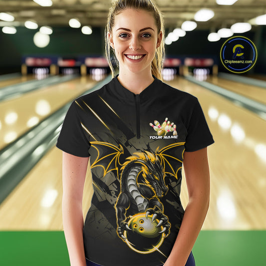 Custom Glowing Yellow Dragon Bowling Team Women Quarter-Zip Shirt, Dragon Bowling Jerseys IPHW9540