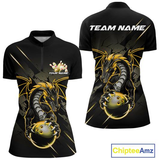 Custom Glowing Yellow Dragon Bowling Team Women Quarter-Zip Shirt, Dragon Bowling Jerseys IPHW9540