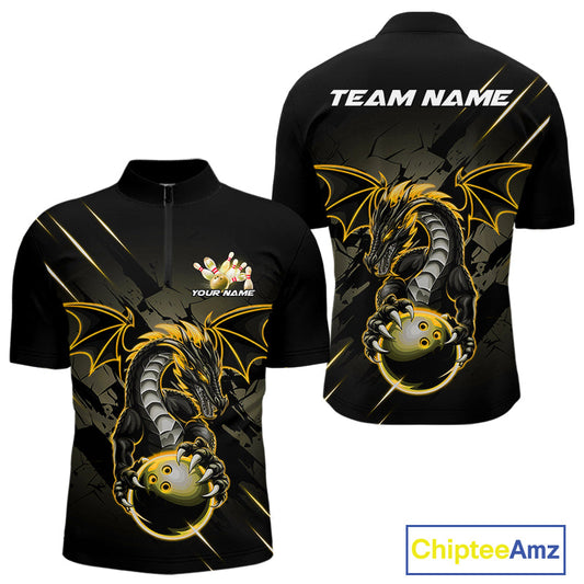 Custom Glowing Yellow Dragon Bowling Team Quarter-Zip Shirts For Men, Dragon Bowling Jerseys IPHW9540