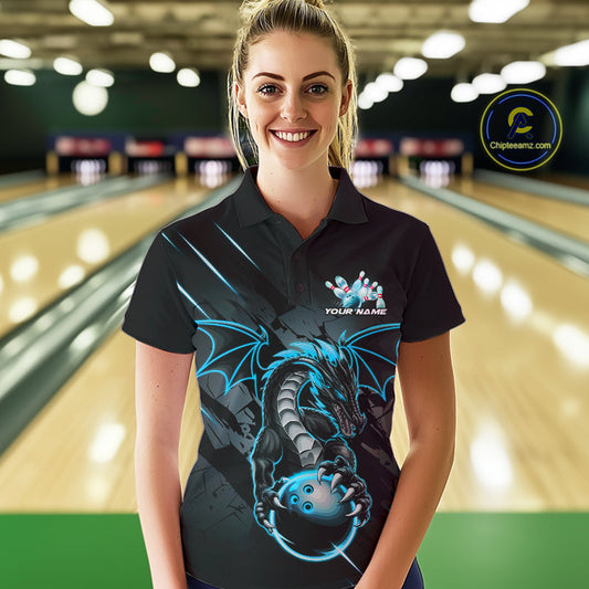 Custom Glowing Blue Dragon Bowling Team Polo Shirts For Women, Dragon Bowling Jerseys IPHW9541