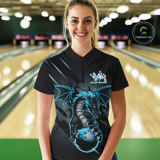Custom Glowing Blue Dragon Bowling Team Women Quarter-Zip Shirt, Dragon Bowling Jerseys IPHW9541