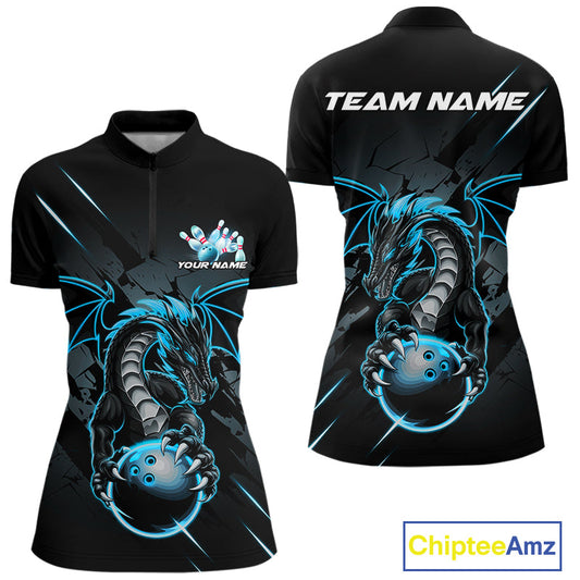 Custom Glowing Blue Dragon Bowling Team Women Quarter-Zip Shirt, Dragon Bowling Jerseys IPHW9541