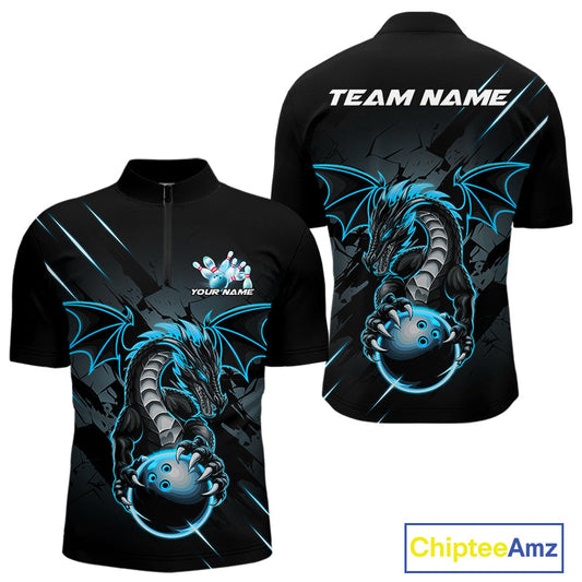 Custom Glowing Blue Dragon Bowling Team Quarter-Zip Shirts For Men, Dragon Bowling Jerseys IPHW9541