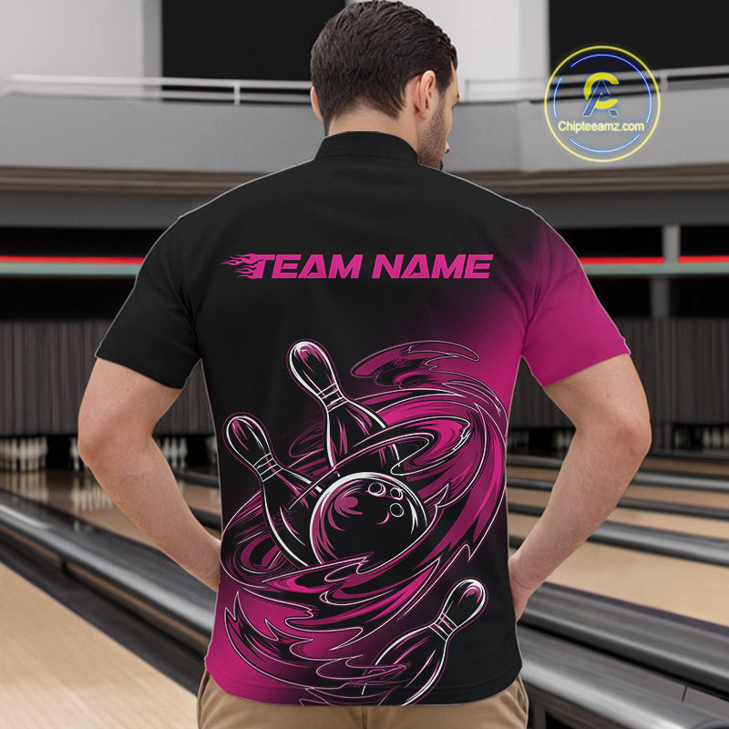 Custom Black And Pink Flame Bowling Quarter-Zip Shirts For Men, Team Bowling League Shirt IPHW9777