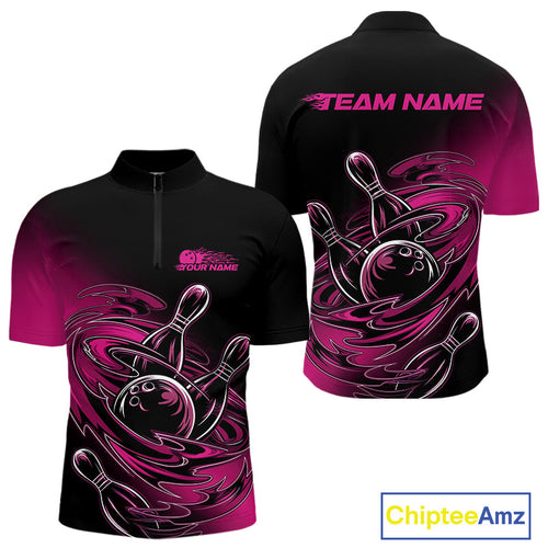 Custom Black And Pink Flame Bowling Quarter-Zip Shirts For Men, Team Bowling League Shirt IPHW9777