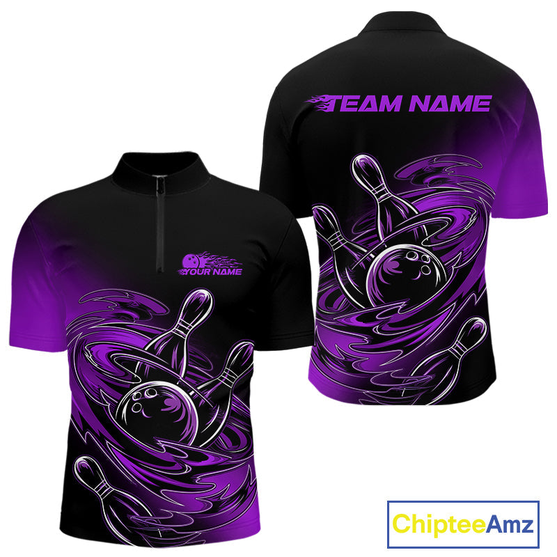Custom Black And Purple Flame Bowling Quarter-Zip Shirts For Men, Team Bowling League Shirt IPHW9778
