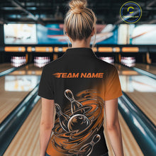 Load image into Gallery viewer, Custom Black And Orange Flame Bowling Polo Shirts For Women, Team Bowling League Shirt IPHW9779