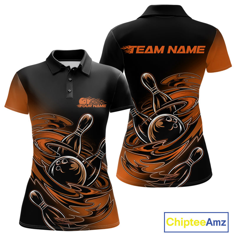 Custom Black And Orange Flame Bowling Polo Shirts For Women, Team Bowling League Shirt IPHW9779