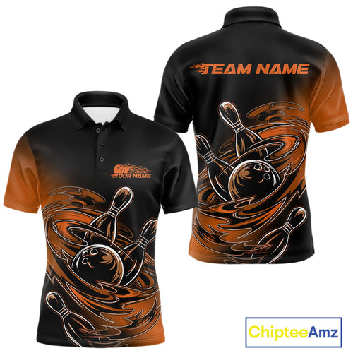 Custom Black And Orange Flame Bowling Polo Shirts For Men, Team Bowling League Shirt IPHW9779