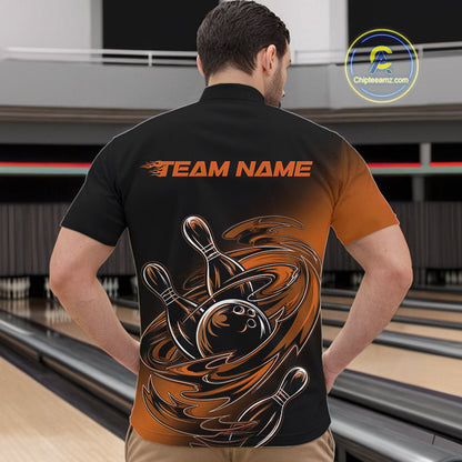 Custom Black And Orange Flame Bowling Quarter-Zip Shirts For Men, Team Bowling League Shirt IPHW9779