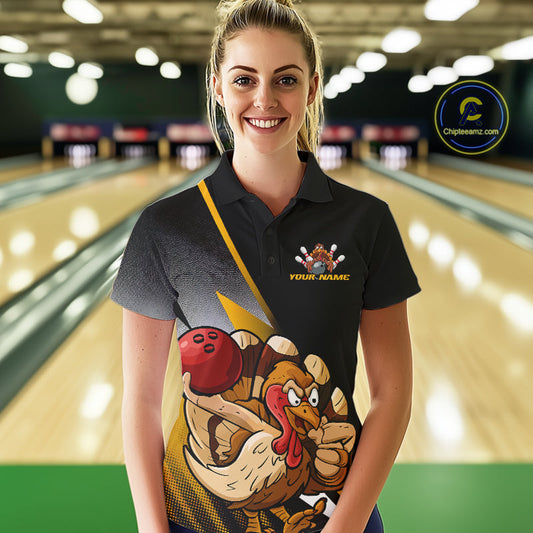 Custom Funny Yellow Turkey Bowling Team Women Polo Shirts, Thanksgiving Bowling Shirt IPHW9784