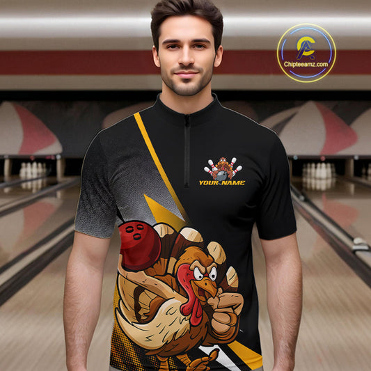 Custom Funny Yellow Turkey Bowling Team Men Quarter-Zip Shirts, Thanksgiving Bowling Shirt IPHW9784