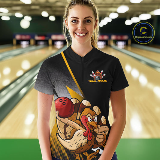 Custom Funny Yellow Turkey Bowling Women Quarter-Zip Shirts, Thanksgiving Bowling Shirt IPHW9784