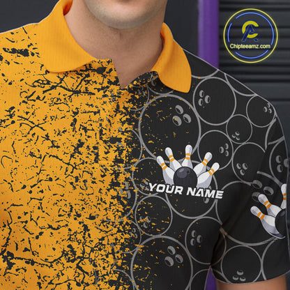 Custom Black And Yellow Splatter Bowling Ball Pattern Bowling Team Polo Shirts For Men IPHW9788