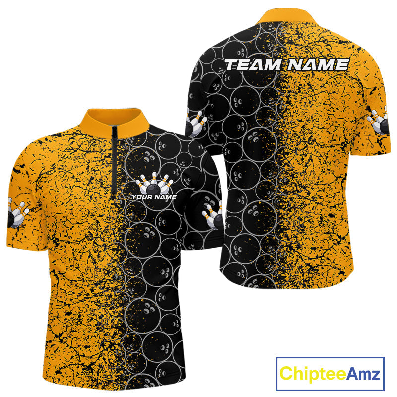 Custom Black And Yellow Splatter Bowling Ball Pattern Bowling Team Quarter-Zip Shirts For Men IPHW9788