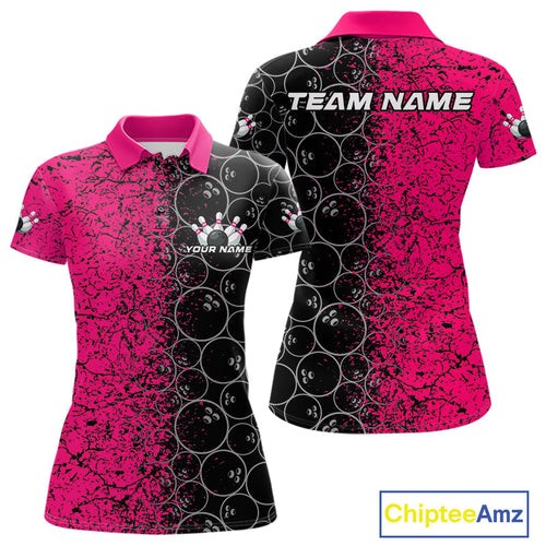 Custom Black And Pink Splatter Bowling Ball Pattern Bowling Team Polo Shirts For Women IPHW9789