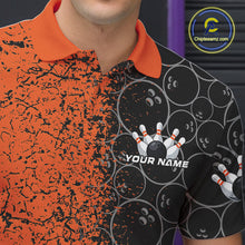 Load image into Gallery viewer, Custom Black And Orange Splatter Bowling Ball Pattern Bowling Team Polo Shirts For Men IPHW9791