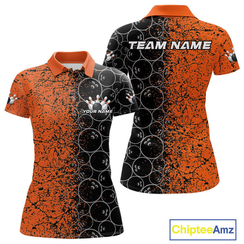 Custom Black And Orange Splatter Bowling Ball Pattern Bowling Team Polo Shirts For Women IPHW9791