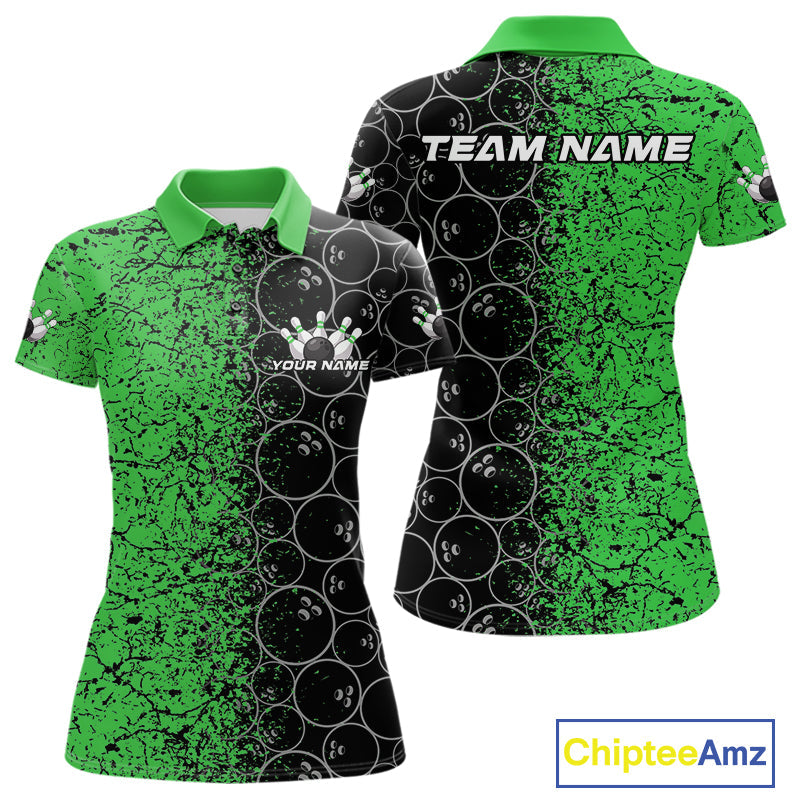 Custom Black And Green Splatter Bowling Ball Pattern Bowling Team Polo Shirts For Women IPHW9792