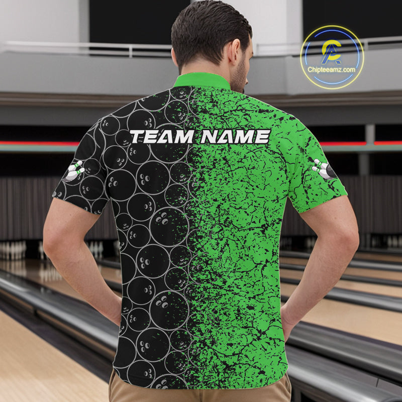 Custom Black And Green Splatter Bowling Ball Pattern Bowling Team Quarter-Zip Shirts For Men IPHW9792