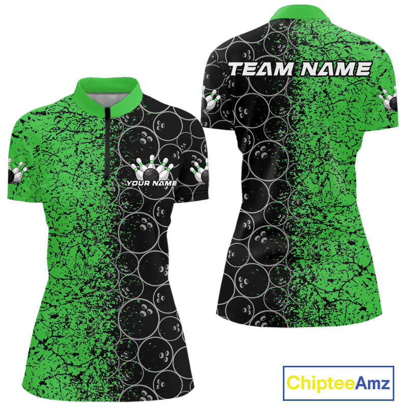 Custom Black And Green Splatter Bowling Ball Pattern Bowling Team Women Quarter-Zip Shirt IPHW9792