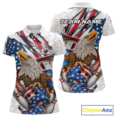 Custom Patriotic US Flag Eagle Bowling Women Shirt, USA Bowling Team League Shirt IPHW10163