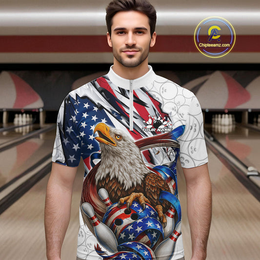 Custom Patriotic US Flag Eagle Bowling Men Shirt, USA Bowling Team League Shirt IPHW10163