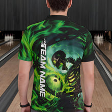 Load image into Gallery viewer, Custom Green Flame Skull Bowling Polo Shirts For Men, Bowling Tournament Bowling Team Shirt IPHW8467