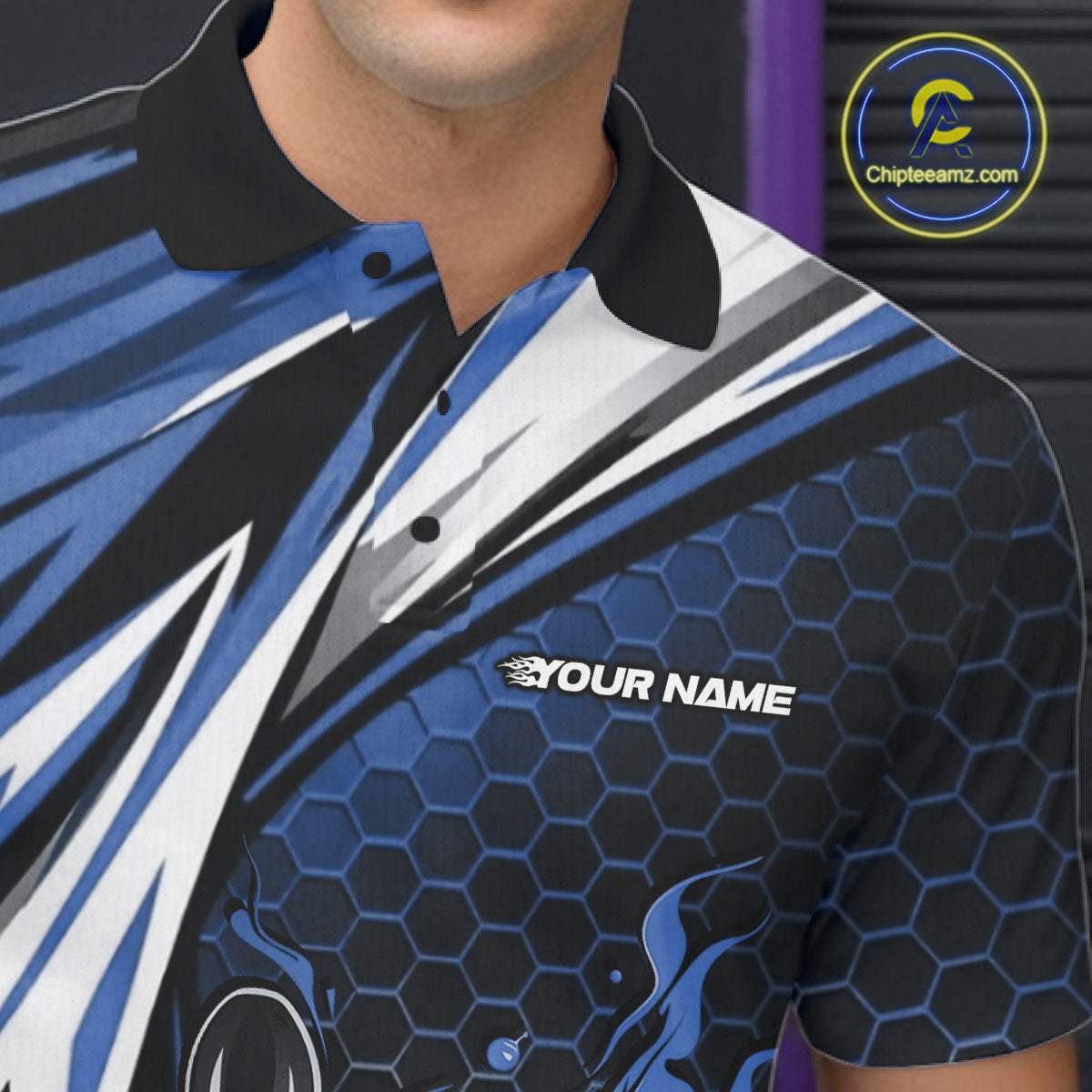 Custom Blue Flame Bowling Jerseys For Men, Hexagon Bowling Team Tournament Shirt IPHW10557
